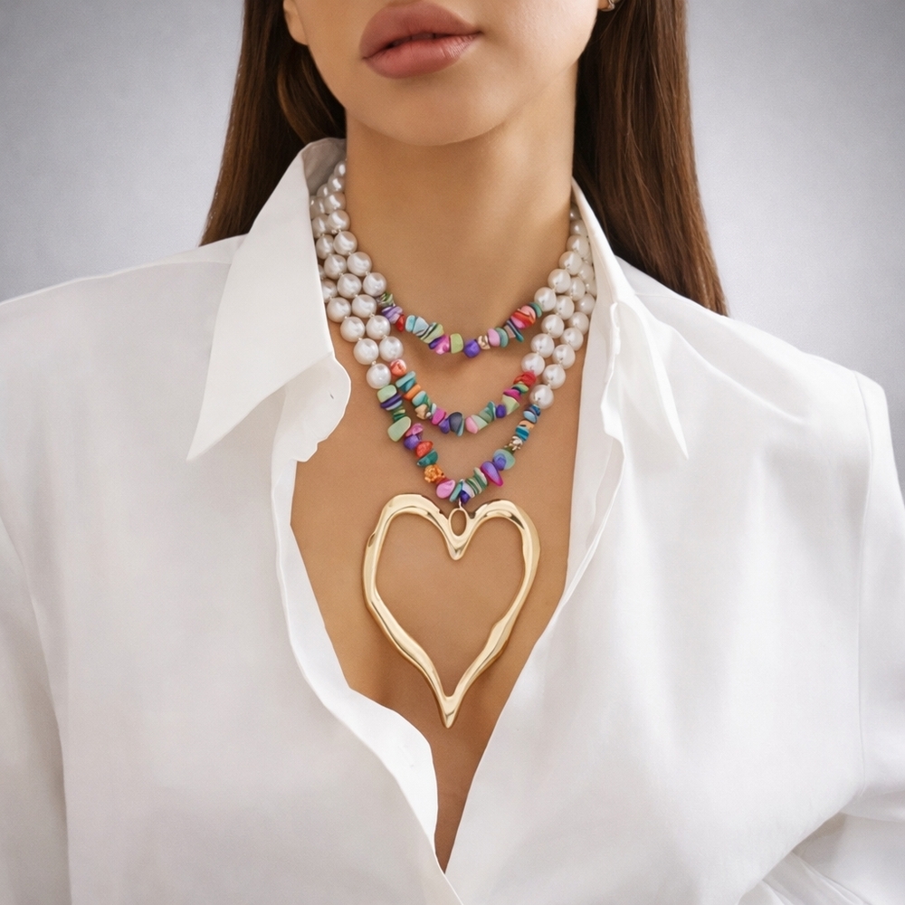 Boho Chic Vibrant Gold Heart Necklace with Pearls and Multicolor Beads
